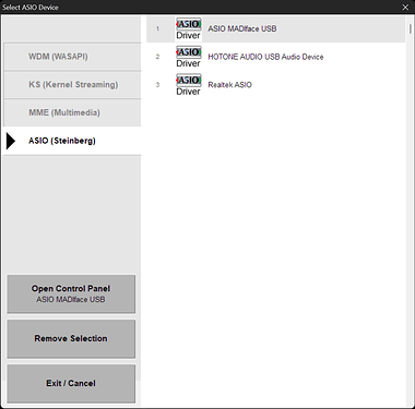 ASIO Device Selection Window