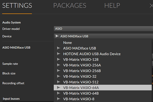 Choosing the VASIO in Bitwig